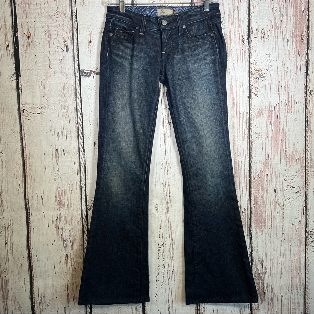 Paige Canon Distressed Stone Dark Washed Flare Denim USA Made Jeans Size 25 EUC